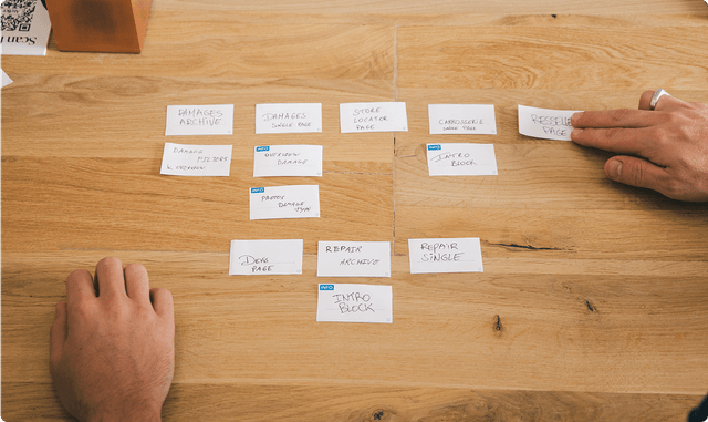 Architecture Two hands arrange small, labeled paper cards on a wooden table, possibly organizing ideas or tasks.